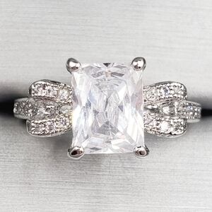 Radiant Cut White Diamond Simulants 925 Sterling Silver Bow Design Ring